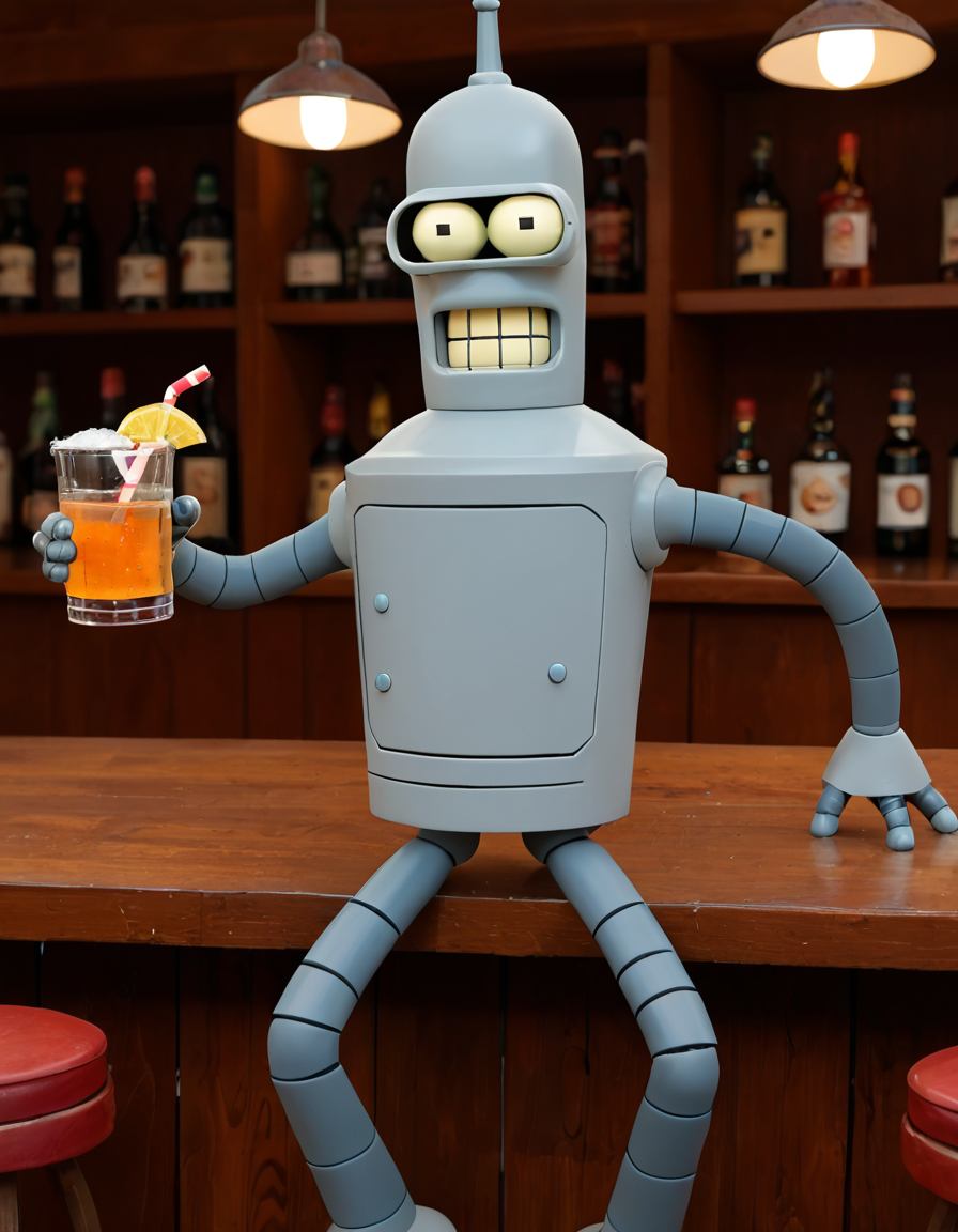 <lora:Bender_Pony:1> bender, robot, drinking in a bar