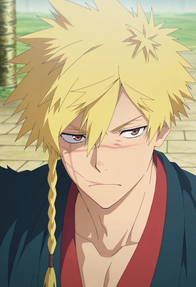 masterpiece, best quality, , anime screencap, anime coloring, official style, , 1boy, solo, male focus, <lora:choubei_aza_ilxl:0.96>, choubei_aza, blonde hair, brown eyes, long hair, braid, spiked hair, scar, scar on face, , ,