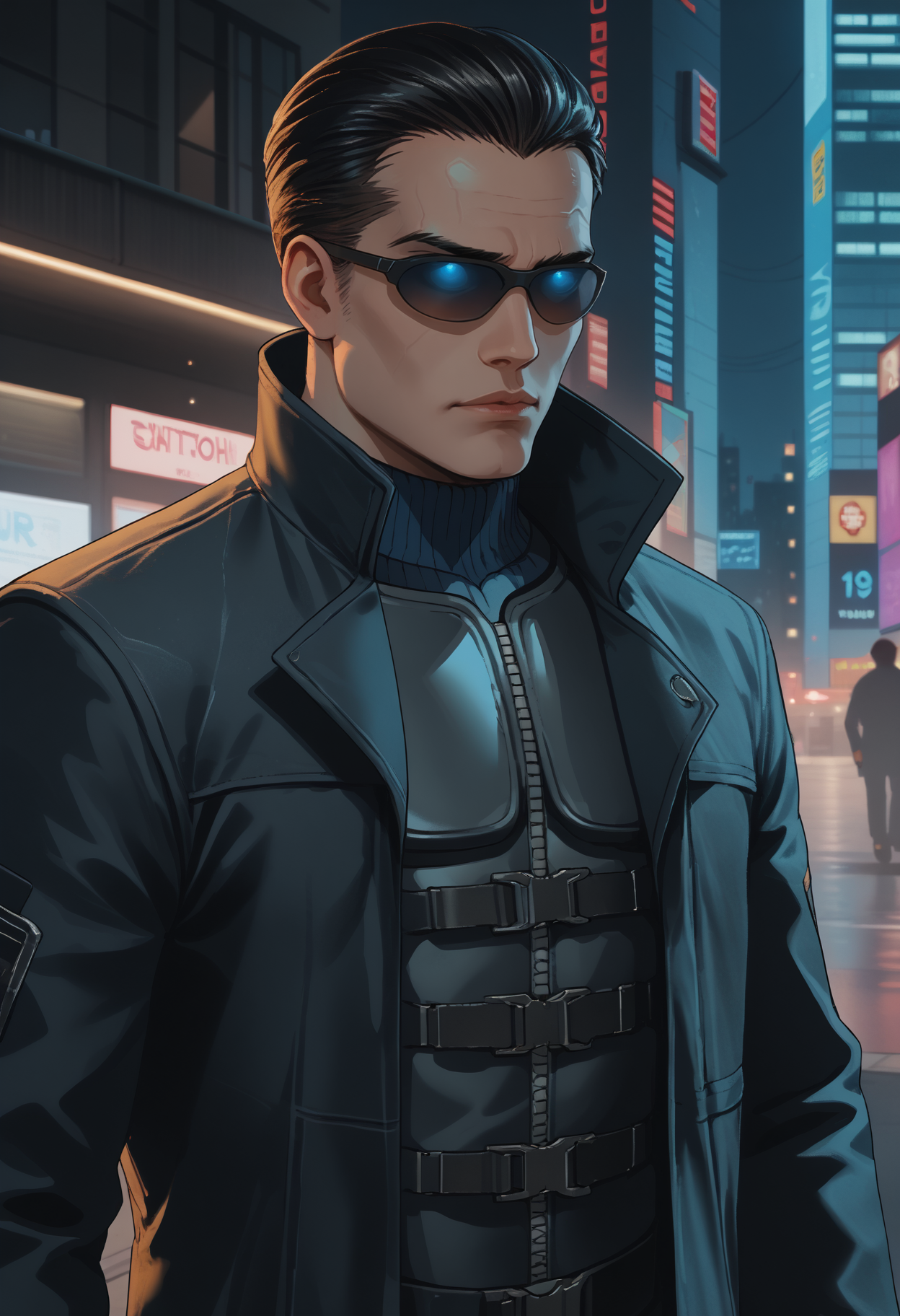 score_9, score_8_up, score_7_up, source_anime BREAK <lora:jcdenton-deusex-richy-v1_pdxl:1> 1boy, solo, male focus, standing, jde, sunglasses, black hair, short hair, black coat, trench coat, cyberpunk,  <lora:thiccwithaq-artist-richy-v1_pdxl:1> lips