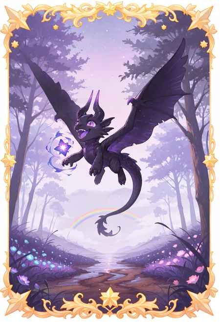 (incredibly_absurdres, amazing_background, best quality, pastel_colors, bright_colors, colorful, soft_colors, sparkles, shiny, glowing, fantasy, star_(symbol), detailed_background, detailed_eyes, stylized, watercolor_(medium)) 
(snra-illu, tree, white_border, (chibi), scalie, open_mouth, purple tongue, rainbow, glowing, outdoors, fog, water, dirt, grass, meadow, flowers, wind_lift, swirling, (happy_aura:1.2), (magic, magic_user:1.2), black_body, close-up, flying, iridescent_scales, (two_tone_scales:1.2), gore_magala, claws, teeth, tail, horns, no humans, solo, wings, glowing eyes, purple eyes)