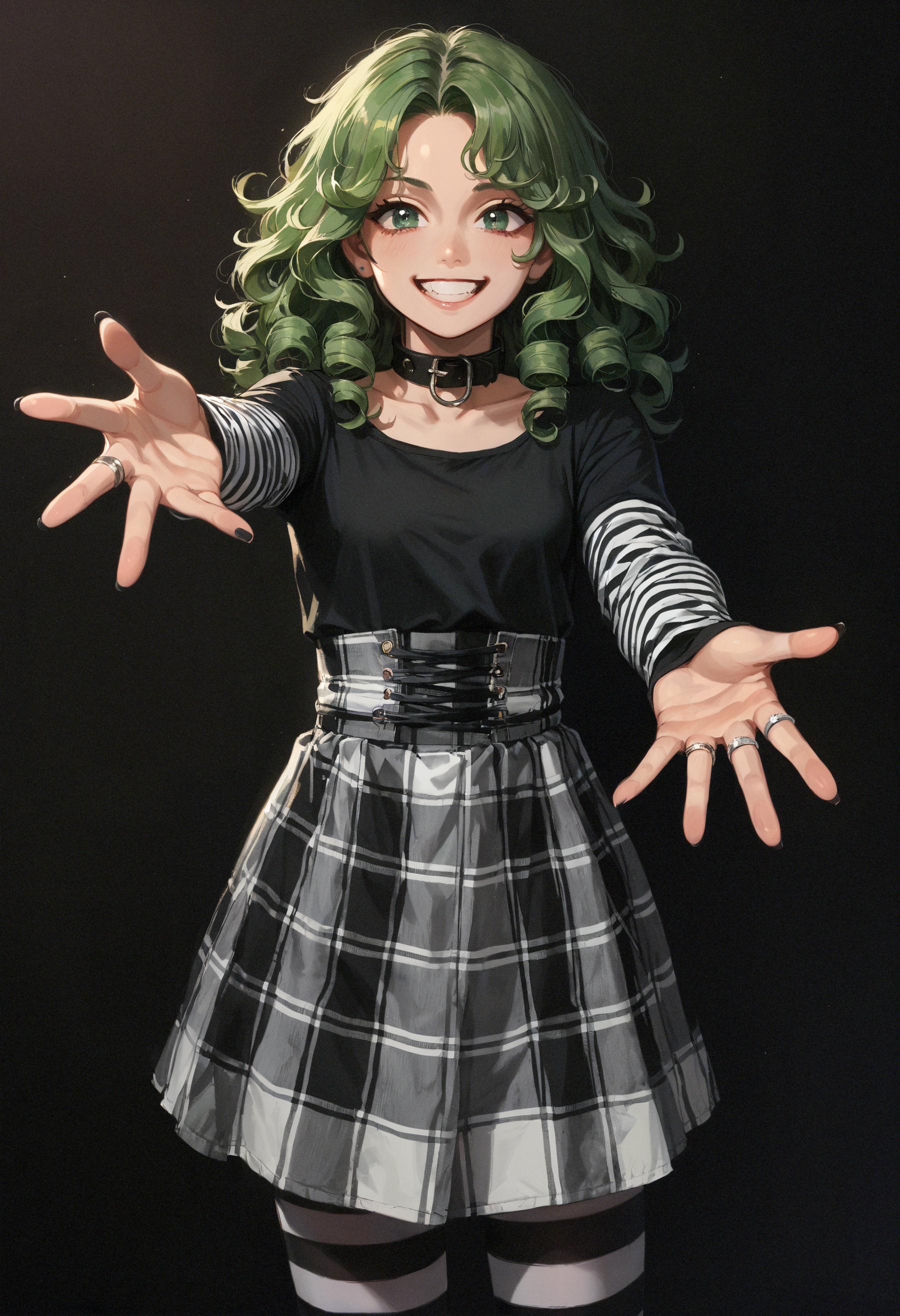 score_9,score_8_up,score_8_up,(portrait:1.3),dark background,1girl,standing,full body,green hair,very long curly hair,green eyes,(happy:1.1),(smiling:1.1),(reaching_out:1.1),high-waist plaid skirt,striped clothes,striped pantyhose,black top,long sleeves,small breasts,black nails,multiple rings,striped sleeves,black collar,striped arm warmers,sleeves past wrists,high-waist skirt,<lora:MyTrainings\Temp\AlterCiri_Striped_Socks_Goth_Dress_Pony_ARZUMATA\AlterCiri_Striped_Socks_Goth_Dress_Pony_ARZUMATA.safetensors:0.7>