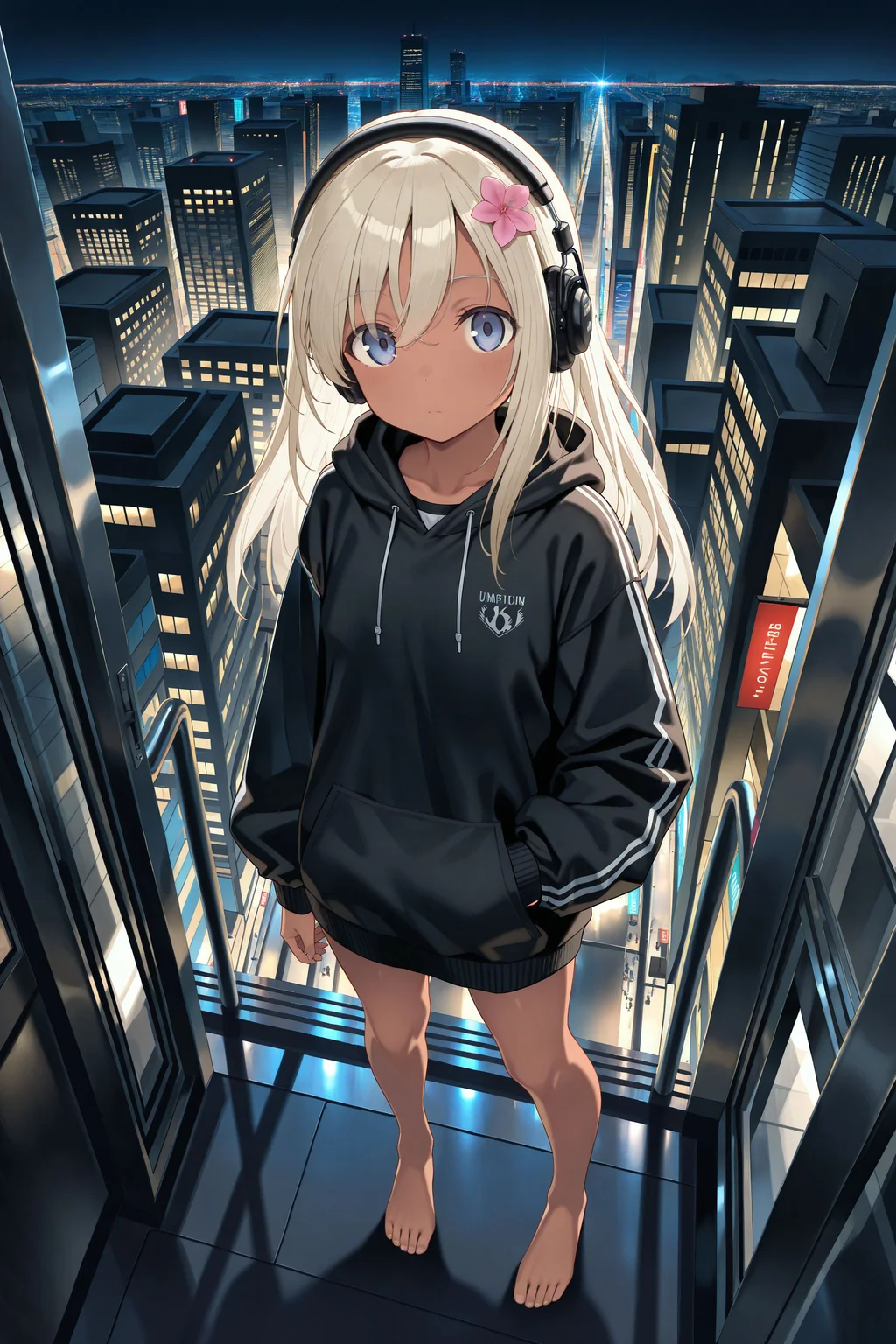 (masterpiece, best quality:1.2), amazing quality, very aesthetic, absurdres, perfect detail,
city, street, night, isometric, cowboy shot,
standing, hand in pocket, expressionless, frown, looking at viewer,
ro-500 \(pump\), headphones, black hoodie, pocket, puffy long sleeves, barefoot,
<lora:XL_Ill_kancolle-ro500(pump)-t2:1>