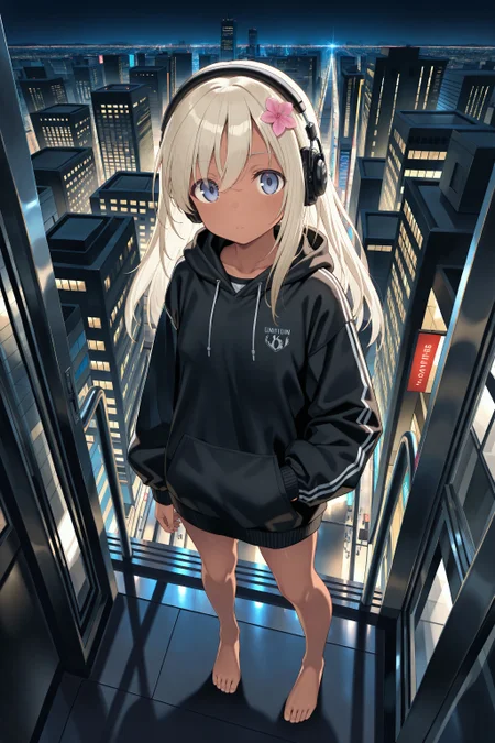 (masterpiece, best quality:1.2), amazing quality, very aesthetic, absurdres, perfect detail,
city, street, night, isometric, cowboy shot,
standing, hand in pocket, expressionless, frown, looking at viewer,
ro-500 \(pump\), headphones, black hoodie, pocket, puffy long sleeves, barefoot,
<lora:XL_Ill_kancolle-ro500(pump)-t2:1>