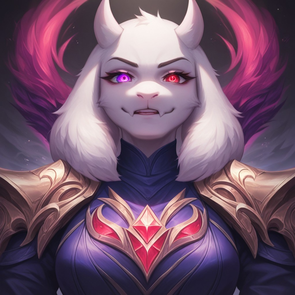 masterpiece, score_9_up, score_8_up, score_7_up, league of legends style, lol, Toriel, fluffy, front view, looking at viewer, smug, glowing eyes, heterochromia, red eyes, left eye red, purple eyes, right eye purple, glowing eyes, torso shot