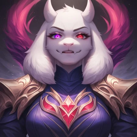 masterpiece, score_9_up, score_8_up, score_7_up, league of legends style, lol, Toriel, fluffy, front view, looking at viewer, smug, glowing eyes, heterochromia, red eyes, left eye red, purple eyes, right eye purple, glowing eyes, torso shot