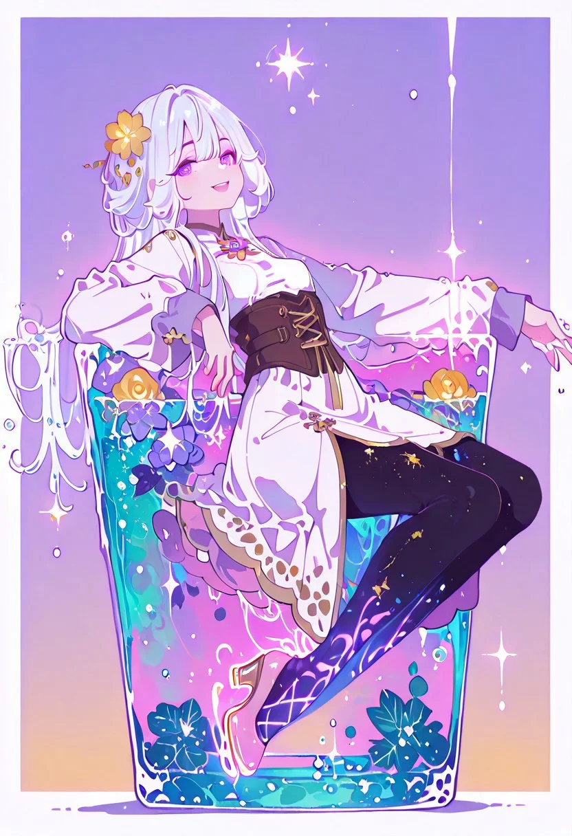 <lora:Chu_Qingcheng__Demon_Emperor__Illustrious:1>
1 girl, solo, long hair, white hair, layered hairstyle, side-swept bangs, flower hair ornament, hair flower, purple eyes,
chinese clothes, white long dress, gold-trimmed dress, brown corset, emerald gem, gem brooch, front bow, long sleeves
masterpiece, best quality, intricate details, gothic fantasy, upper body portrait, dramatic pose, confident gaze, cinematic lighting, clean background, glowing magical particles, detailed face, vibrant colors, looking at viewer, happy, laugh, leaning back on a glass of mint soda water, detailed soda water, bubble strings, swimming ring, legs up, vibrant energy, liquid texture, sunbeam caustics, sliced lemon on side of the soda water glass, aquatic fantasy, neutral buoyancy pose, 4K ultra HD, natural lighting, Drifting hair strands, rising bubble trails,
high detail, sharp shading, centered composition, soft shadows, pink liquid
, ultra detailed eyes, flat chest  , [[[abs]]],
nurse outfit, medium  skirt, thick black pantyhose, pumps
, oversized sports jacket, Yellow roses, gradient purple background with thick white border, star,  balloons, drooping breasts, soft breasts, thick hips, thin, pink skates, skating smoothly,
Dynamic pose, sexy pose, 
hydrangea, laced sleeves, Ethereal Brushstroke, Flat vector illustration,