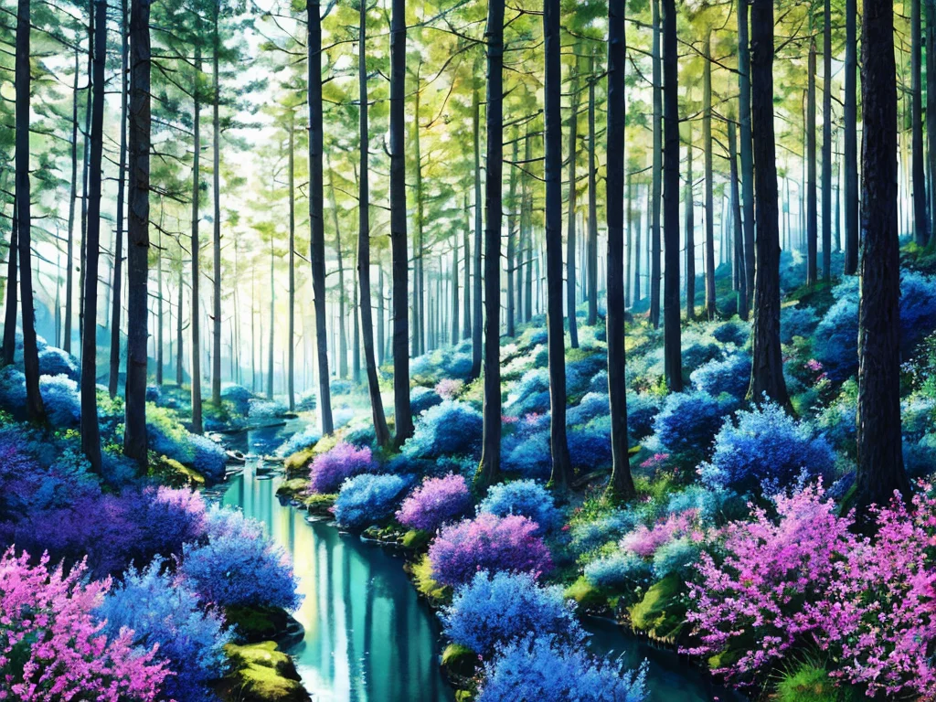 (8k, best quality, masterpiece:1),(best quality:1.0), (ultra highres:1.0), magic in the middle of the woods, smooth lines, luminous bright design, pastel colors, (ink), extremely detailed, 4k, beautiful