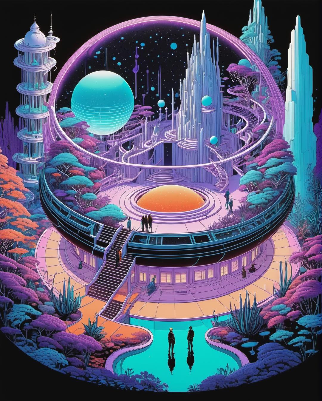 isometric  <lora:IsoPixel_SDXL:1>, black nanquim lineart Explorers in a vast utopian fantasy garden full of growing bioluminescent plants with a warm and bright glow. Some white highlights throughout and bright negative space. A large spherical tech apparatus is under construction in the centre of a clearing.
Fluid lines: Moebius's lines are incredibly smooth and flowing. They seem to dance across the page, creating a sense of movement and energy.
Intricacy: Moebius's drawings are often incredibly detailed, even in the smallest of elements. This attention to detail gives his work a sense of realism, even when it is depicting fantastical or otherworldly subjects.
Limited color palette: Moebius often used a limited color palette, but he used it to great effect. He was able to create a wide range of moods and atmospheres with just a few colors.
Use of light and shadow: Moebius was a master of using light and shadow. He used it to create depth, dimension, and atmosphere in his drawings.
Surreal and visionary: Moebius's work is often described as surreal and visionary. He was not afraid to experiment with new ideas and concepts, and his work often feels like a dreamscape.
Dominant colours are white, orange, vivid purple and teal.  
<lora:FaeTastic:0.5> 
 <lora:BadTrip_V1:0.3>
 <lora:LowRA:0.7>, isometric style  vibrant, beautiful, crisp, detailed, ultra detailed, intricate
