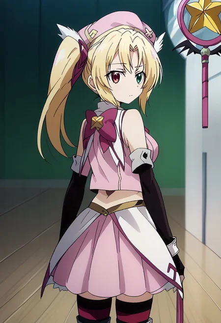 score_9, score_8_up, score_7_up, score_6_up, 1girl, ((magical girl)), bokeh, Heterochromia, red eye, green eye, m4g1c4lg1rl0utf1t, MagicalGirlOutfit,Magical Girl Outfit (HDXD), red and blonde hair, multicolored hair, hat, thighhighs, fingerless gloves, gloves, striped, striped thighhighs, magical girl, elbow gloves, headwear,, skirt, looking back, staff, side ponytail, standing, gloves, gomg-style