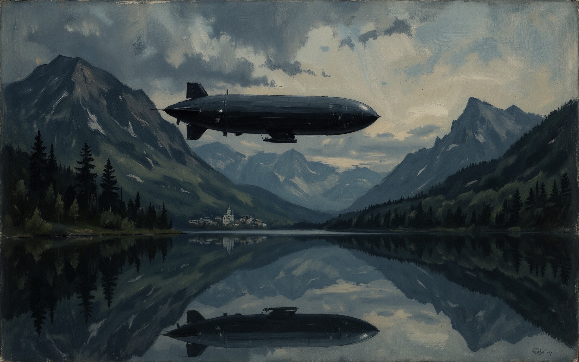 <lora:Chiaroscuro Lighting Style v1:0.8> <lora:Charcoal01d_CE_FLUX_AIT:0.6> <lora:Eldritch_Paint_Sketch_for_Flux_1.0.5:0.6> High contrast, dark and moody Impressionism painting, Russian, earth theme, detailed. A steampunk airship flying low over a mountain lake. mirrored in calm water. In the distance, at the far side of the lake, there is a steampunk city. Victorian architecture. The time is night.