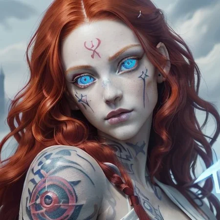 bright red hair, human female, (feminine:1.7), (beautiful face, detailed face:1.6), (beautiful eyes, detailed eyes:1.7), (looking at viewer, eye contact, intense:1.6), (long hair, red hair, curly hair:1.3), , ((masterpiece, best quality, high resolution, realistic, best quality,)), photo realistic, Perfect Face, (detailed face). <lora:GoodHands-vanilla:0.6> <lora:add-detail-xl:0.8>, mage, (Dress White military uniform coat), dagger, rune dagger, glowing runes, , (((glowing magic symbols tattoos, religious tattoos))), ((face tattoos)), glowing tattoos, stone tower in the background