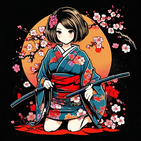 (masterpiece, best quality), chibi style, sexy girl, big breasts, kimono, sakura flower, t-shirt design, dark blackground <lora:chibi_style-000003:1>