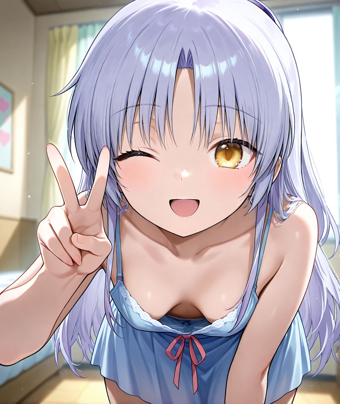masterpiece best quality newest absurdres highres detailed eyes beautiful detailed background perfect eyes anime coloring anime screencap<lora:add-detail-xl:0.5>,,masterpiece, best quality, newest, absurdres, highres, detailed eyes, beautiful, detailed background, perfect eyes, anime coloring, anime screencap,
<lora:Downblouse:0.7>Downblouse_V1,
1girl, one eye closed, 
solo, open mouth, sagging breasts, 
smile, ;d, underwear, 
bent over, downblouse, V,
BREAK
tachibana kanade, angel beats!, 
official art,  20 YO, milf,