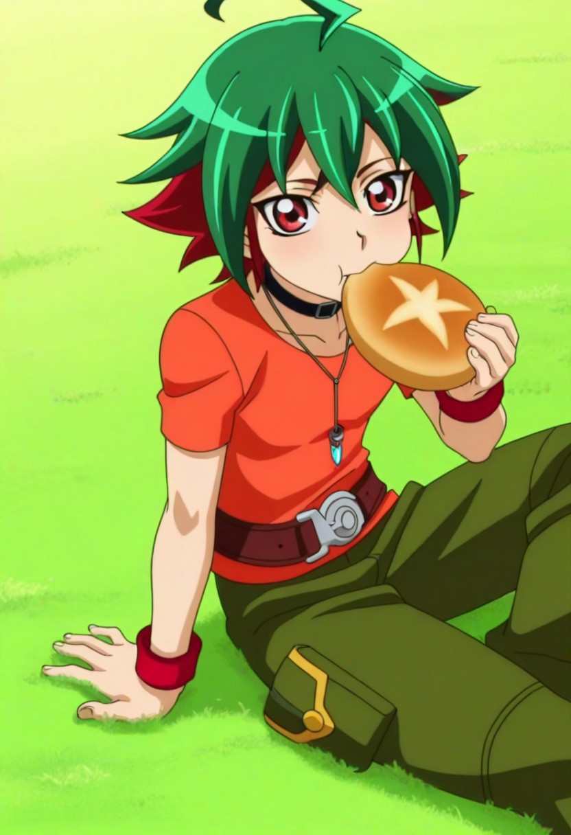 Anime, anime screencap, anime coloring, official art, ((1male only, 1boy only, male focus, one male character only, single male character only, single illustration only)), bishonen, handsome, attractive, cute, sexy, good-looking, tall body, tall height, slim figure, Yuya Sakaki, two-tone hair, multicolored hair, green and red hair, ahoge, red eyes, choker, pendant, orange t-shirt, red wristbands, belt, green baggy pants, sitting on grass, ((eating Japanese round bread, holding round bread, munching mouth, one arm support))