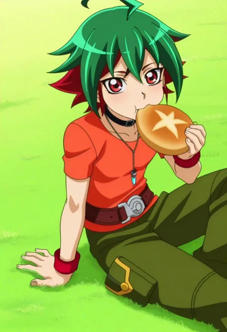 Anime, anime screencap, anime coloring, official art, ((1male only, 1boy only, male focus, one male character only, single male character only, single illustration only)), bishonen, handsome, attractive, cute, sexy, good-looking, tall body, tall height, slim figure, Yuya Sakaki, two-tone hair, multicolored hair, green and red hair, ahoge, red eyes, choker, pendant, orange t-shirt, red wristbands, belt, green baggy pants, sitting on grass, ((eating Japanese round bread, holding round bread, munching mouth, one arm support))