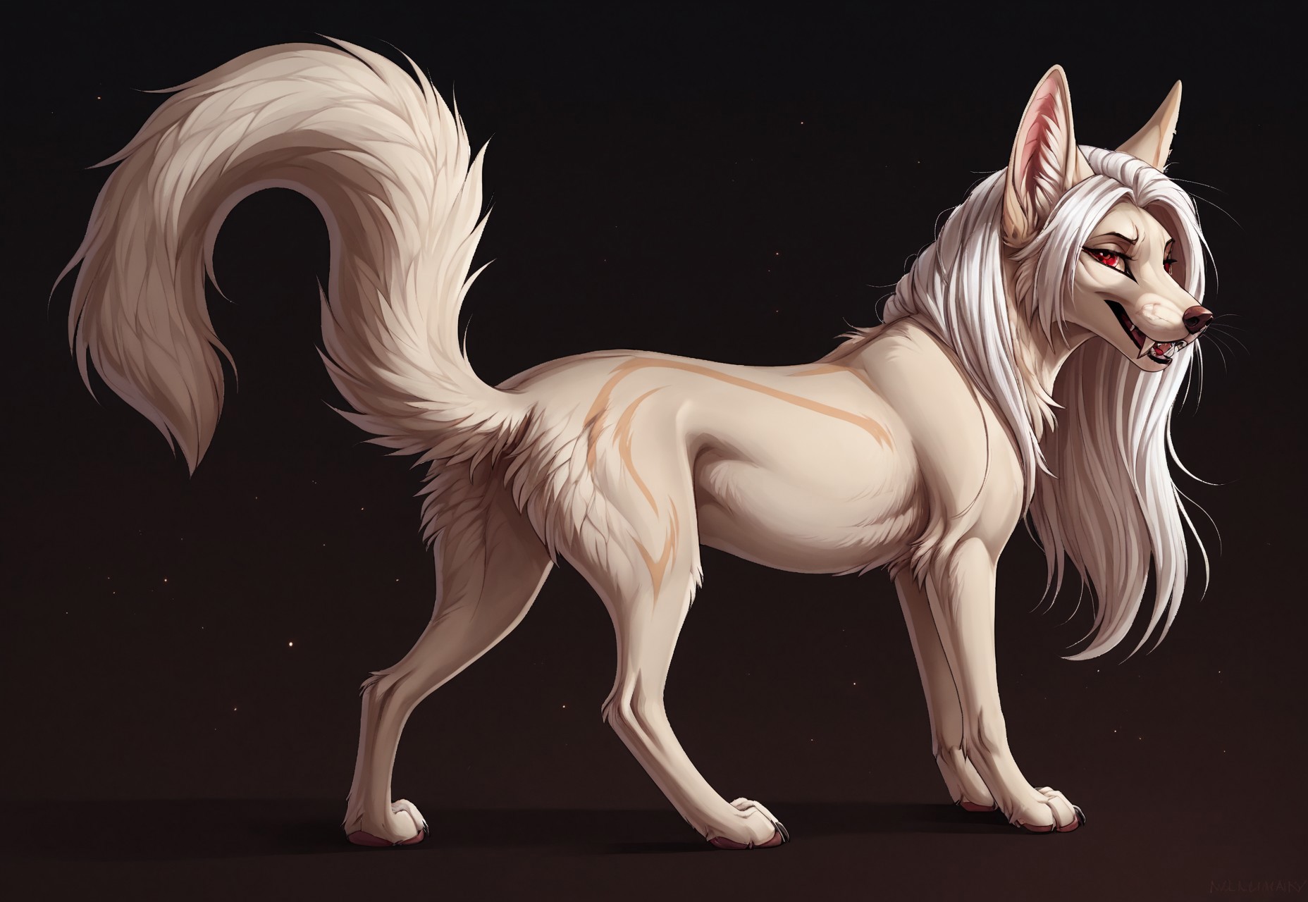 reallynxgirl_style, by Zackary911, by Kenket, by Kilinah, by fluff-kevlar, feral, mommy female white fennec fox, solo, long white hair, red eyes, fangs, full body, one big tail, dark background. dark priest with balck and red cloack, full body concept, realism