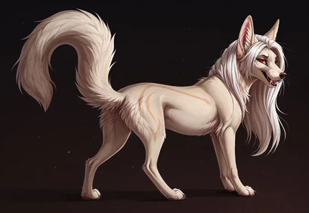 reallynxgirl_style, by Zackary911, by Kenket, by Kilinah, by fluff-kevlar, feral, mommy female white fennec fox, solo, long white hair, red eyes, fangs, full body, one big tail, dark background. dark priest with balck and red cloack, full body concept, realism