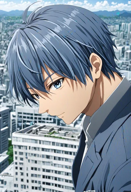 high resolution, solo, best quality, 1Boy, Tomoya Okazaki, Grey Blue Hair, high-rise, top of building, landscape, shallow depth of field, OverallDetail