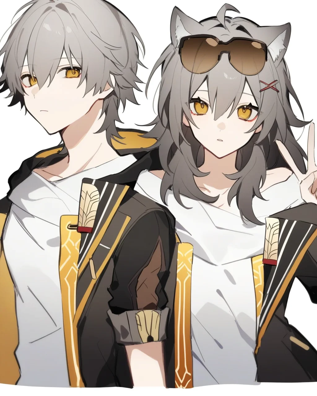 masterpiece,best quality,<lora:star_rail_all:1>,boy,1girl,upper body,medium hair,short hair,x hair ornament,ahoge,hair ornament,medium breasts,breasts,collarbone,jacket,shirt,v,animal ears,bare shoulders,black jacket,caelus \(honkai: star rail\),caelus \(world tour 2023\) \(honkai: star rail\),cat ears,closed mouth,eyewear on head,hair between eyes,highres,honkai: star rail,honkai \(series\),looking at viewer,open clothes,open jacket,parted lips,simple background,stelle \(honkai: star rail\),stelle \(world tour 2023\) \(honkai: star rail\),trailblazer \(honkai: star rail\),white background,white shirt,