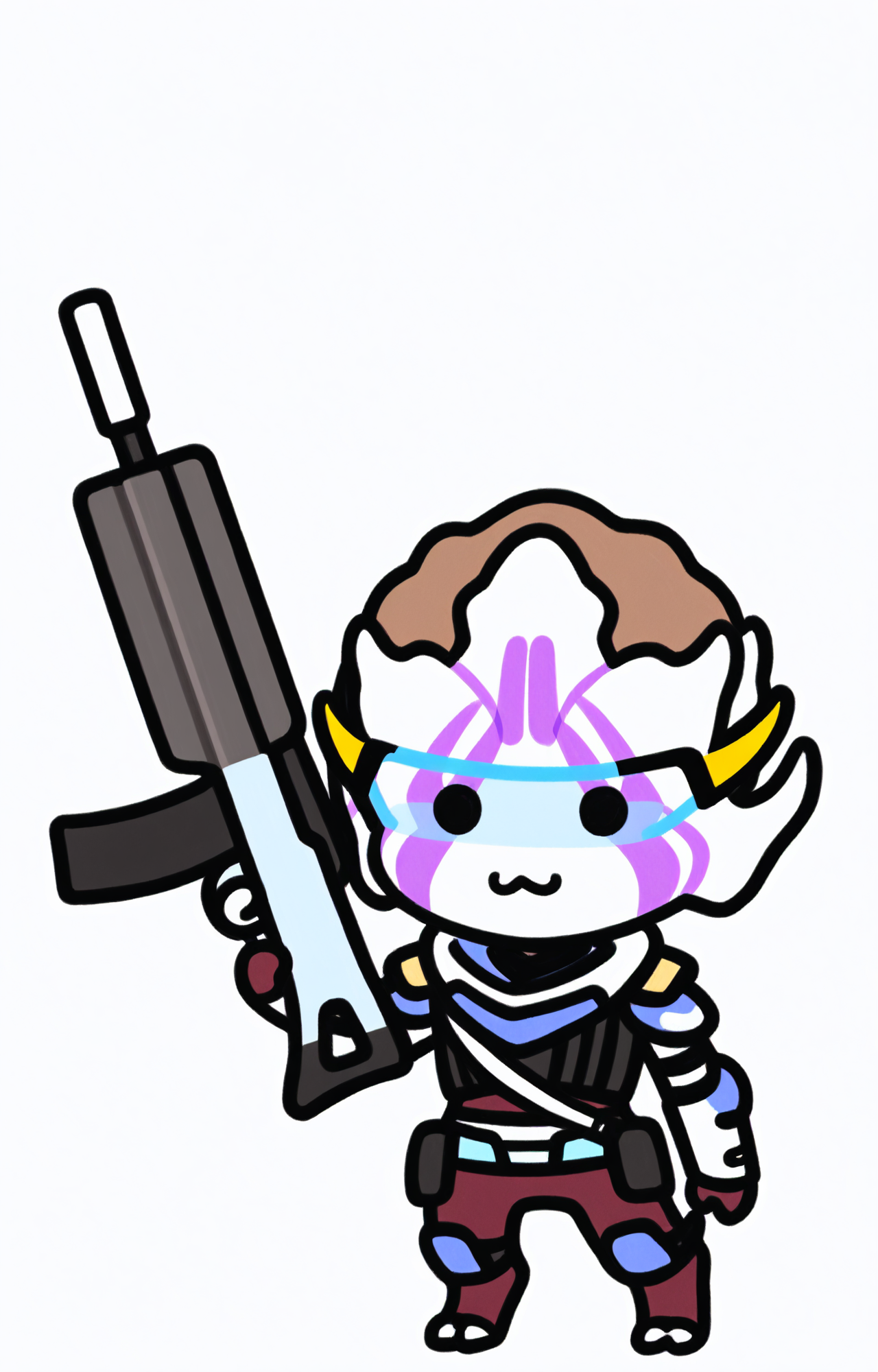 flat colors, (chibi:1.6), full-length portrait, (three-quarter view:1.2), standing, best quality, high quality, masterpiece, very awa, solo, (white background:1.2), toony, (turian:1.1), alien, holding rifle, (black gun:1.2), (vetra nyx:1.3), armor, brown skin, (light faceplate:1.1), purple facemark, female, (dot eyes:1.1), big eyes, mass effect, yellow headgear, visor, digitigrade, (/:3:1.2), maroon pants, <lora:FemturIL:1.1>, <lora:MinimalistFlatColorXL_byKonan:0.8>