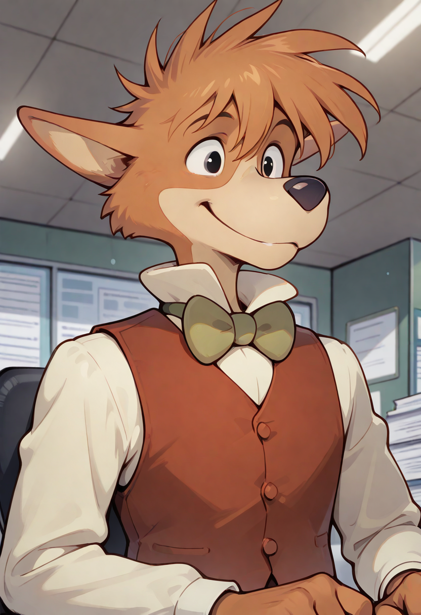 best quality, amazing quality, very aesthetic, absurdres, newest, sherlock hound, furry, furry male, male focus, 1boy, solo, black eyes, vest, office, bowtie, smile, happy, <lora:Sherlock_Hound_Meitantei_Holmes_Illustrious:1>