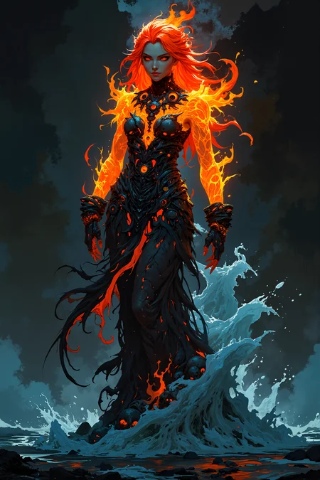 A being of contradictions, the woman made of fire and water stands like a living embodiment of natureâs extremes. Her dress is a marvel of elemental craftsmanship: the upper half is formed of glowing embers and molten lava, constantly shifting and crackling, while the lower half is a flowing river of water that crashes and swirls around her legs. Around her neck, a necklace of fire flowers, their delicate petals flickering with vibrant flame, glows brightly, contrasting with the frozen leaves that form a tiara on her head, each leaf shimmering with frost. Skulls, blackened and burnt, form a crown at her waist, their hollow eyes glowing with a faint red light as they hover just above the surface of her watery skirt. Her hair is a cascade of fire that transforms into flowing water halfway down her back, the flames and liquid entwined in a beautiful dance. Her wrists are adorned with bracelets made of icicles and sparks, the frozen and fiery elements clashing and merging in an endless cycle.<lora:Anime v1.3:1.2>
