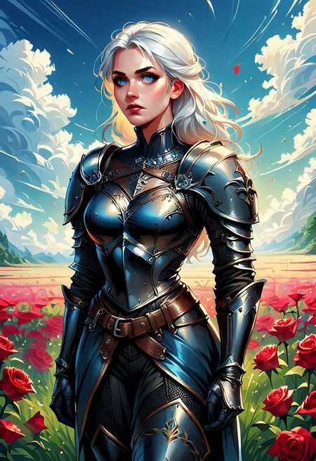score_9,score_8_up,score_7_up,score_6_up,score_5_up,score_4_up, InkBlast, woman in black armor standing in a field of roses,armor,pale skin,white hair,bright blue eyes,medieval,fantasy,solo focus,epic