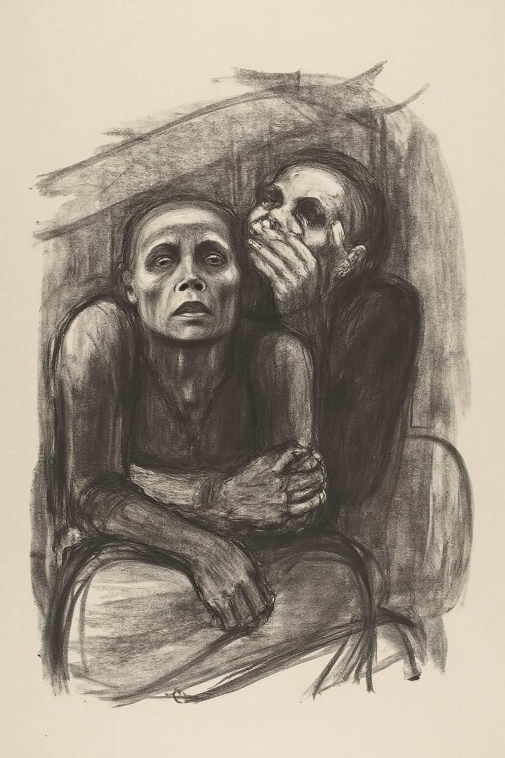 kako1 black and white charcoal drawing. A charcoal sketch portraying two individuals in a somber and introspective moment. The figures have gaunt, expressive faces, with one looking forward with hollow eyes and the other gazing upward pensively. The textured shading and rough lines convey an emotional depth, evoking a sense of struggle, despair, or contemplation. The artwork is monochromatic, with a raw and unpolished aesthetic that emphasizes the human condition. <lora:kako1_litho_nocap_d6a3:1.0><lora:814761420957834812:0>