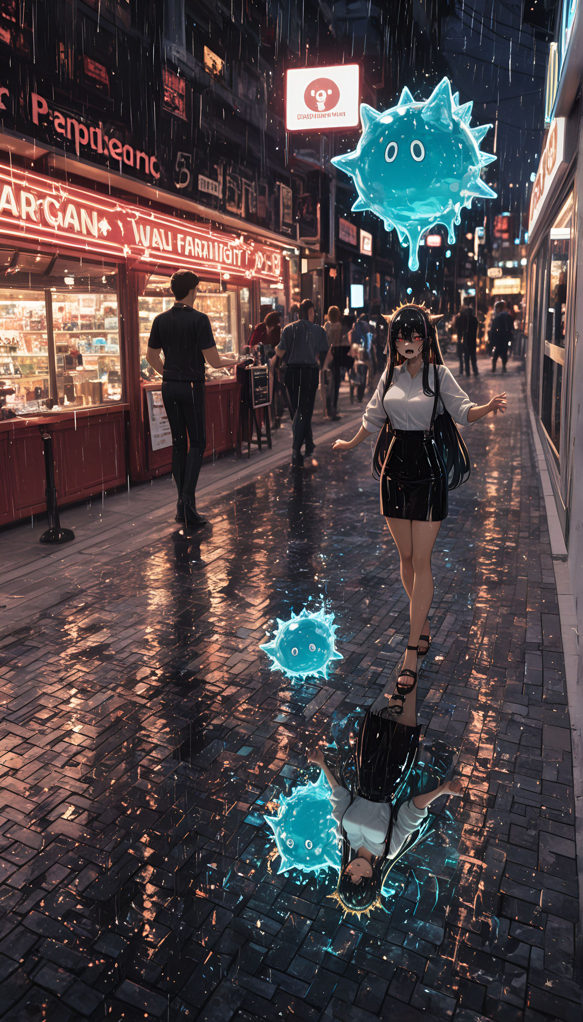 scenic photo opportunities, Rainy Night (Wet reflections), street performer locations, tan skin, RTX, absolutely eye-catching, coastal weather exposure, carnival game operations, Morning, ultra-detailed, depth of field, long_nails, Cyberpunk outfit with neon tubes and circuits., nail_polish, multiple others, slime, ink in water, sandals, anime character, Camilla (Spy x Family), souvenir shop saturation, Sulking expression, long hair, motion_lines:1.1, vacation destination experience, ambient occlusion, Bird's eye view, polarized, very aesthetic, magic glowing aura, ice cream vendor competition, fangs, newest, Electric Rose Theme, Metallic streaked hair, Intricate braided crown, perky breasts, overpriced restaurant options, best quality, amazing quality, masterpiece, motion_blur:1.1, slime_(creature), defiant_stance, 8K, waterfront tourist boardwalk, absurdres