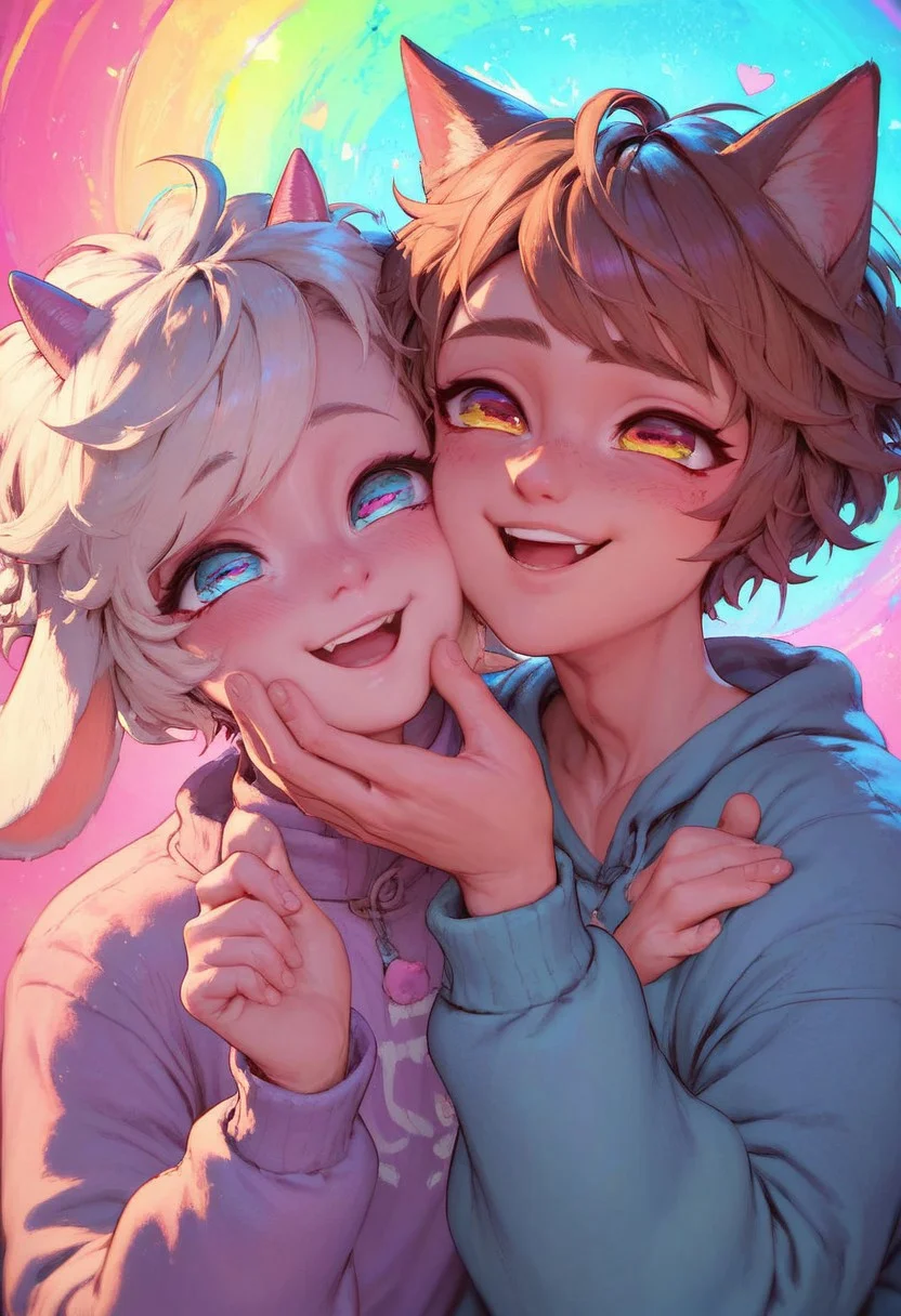 score_9, score_8_up, score_7_up, high detail, 4k, high resolution, vibrant colors, cartoon, 2boys, femboys, cute, adorable, goat boy, cat boy, detailed face, expressive eyes, couple, loving, happy, loving expression