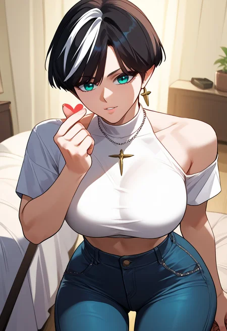 zPDXL3, score_9_up, score_8_up, score_7_up, Anime_source, 1girl, Bish-Mir, large breast, teal eyes, multicolored colored hair, black hair, white streak hair, short hair, mole under eye, earring, necklace, finger heart, hand up, top crop, jeans