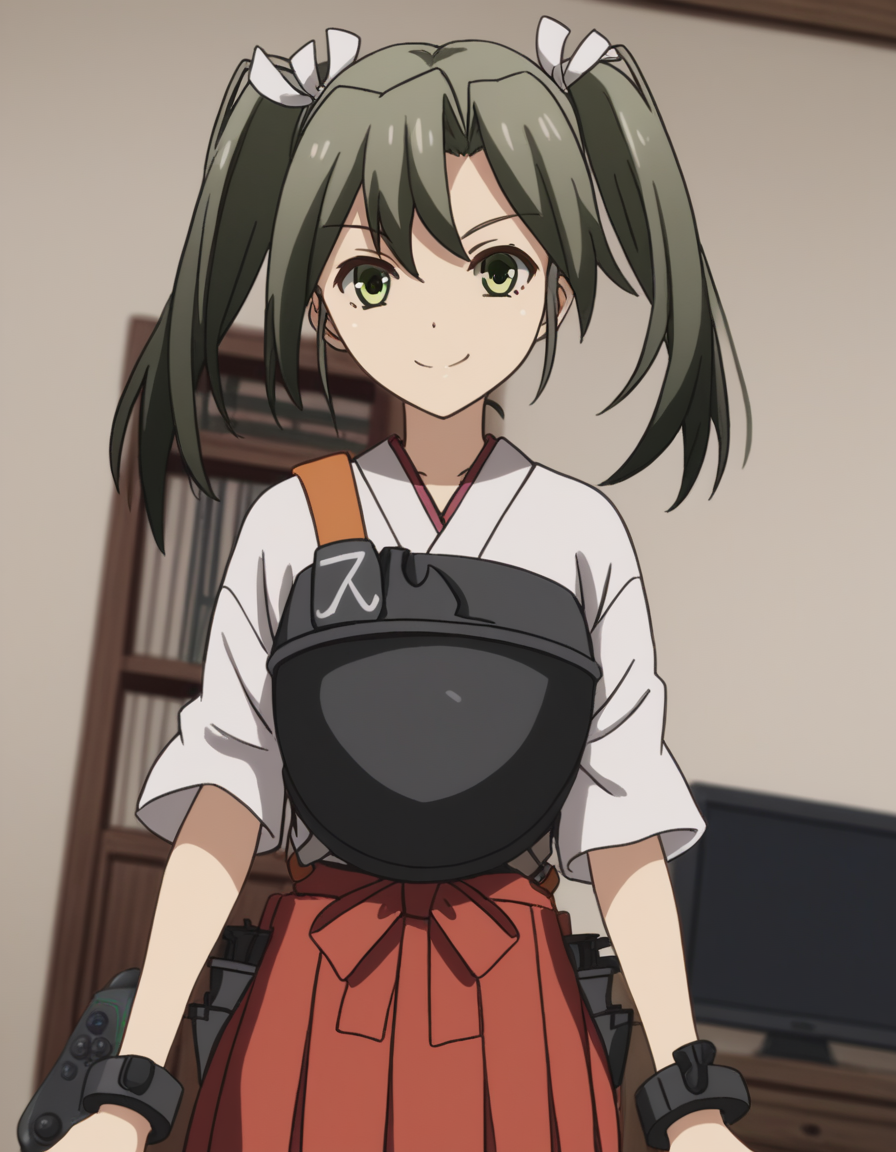 score_9, score_8_up, score_7_up, source_anime, <lora:kacolle-zuikaku-s1-ponyxl-lora-nochekaiser:1>, zuikaku, long hair, ribbon, twintails, green eyes, hair ribbon, zuikaku (kancolle), skirt, japanese clothes, muneate, red skirt, pleated skirt,, living room, video game, controller, competitive, fun, afternoon, smile, looking at viewer, v, smile, solo,, cowboy shot, dutch angle