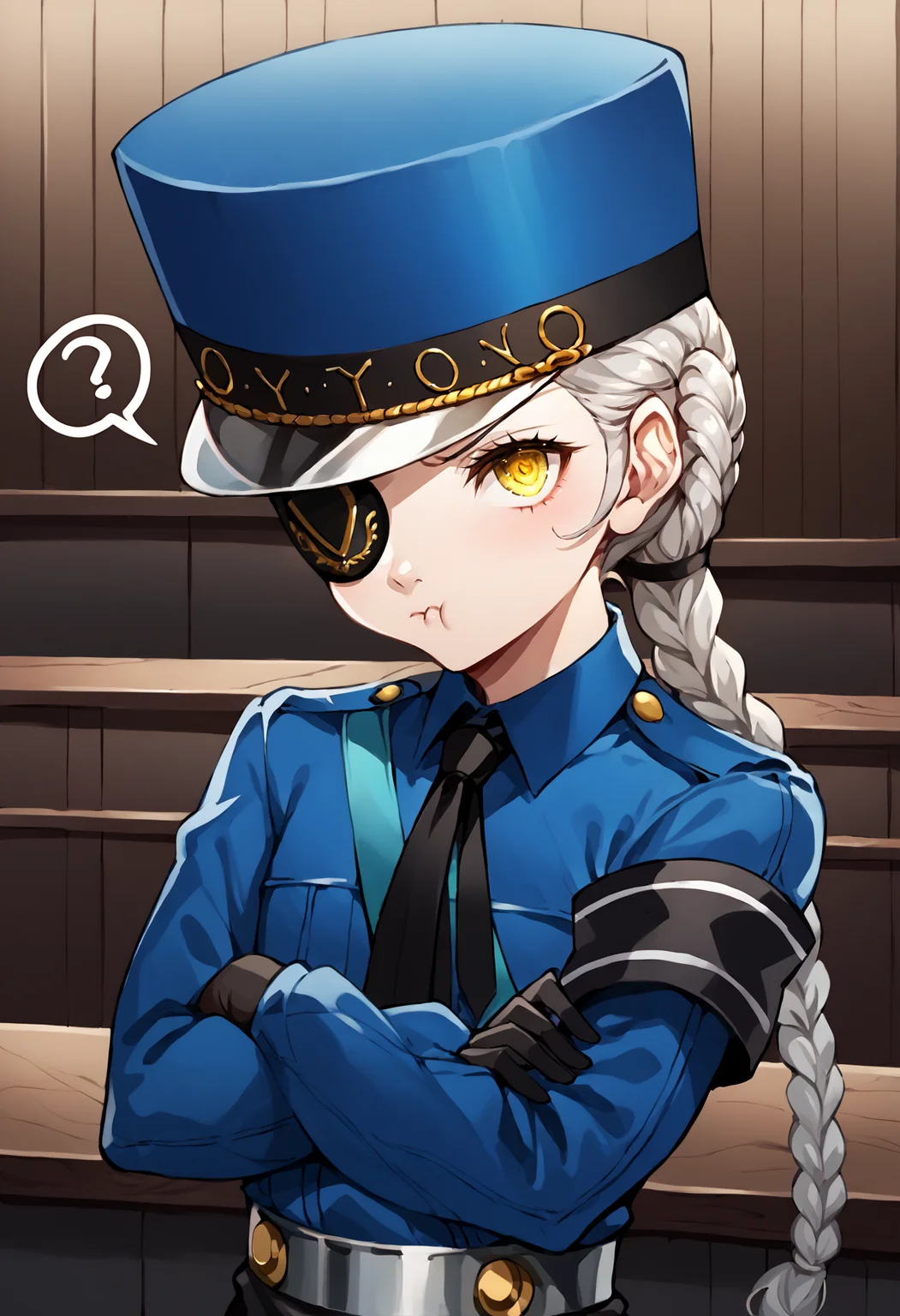 score_9, score_7_up, score_6_up, source_anime, uncensored, zPDXLxxx, <lora:intricate_details:0.5> intricate_details_xl, gradient, (glass:1.1), bar, pantyshot, cropped torso, breast focus, mosaic art
<lora:Persona5_Justine_Caroline_v1.0:1> JustineP5, justine (persona 5), official outfit, 1girl, yellow eyes, solo, gloves, hat, braid, single braid, eyepatch, black gloves, long hair, necktie, upper body, long sleeves, blue headwear, looking at viewer, shirt, grey hair, armband, blue shirt, black shorts, wing collar, nosebleed, crossed arms,
<lora:Pout_XLPD:1.3> pout, :t, closed mouth