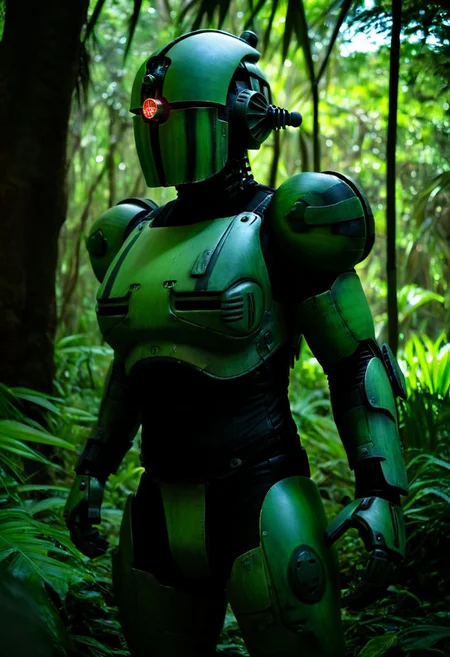 easynegative, extremely detailed, dark, chiaroscuro, low-key, AssaultronCosplay, zavy-strps, a green assaultron robot, the assaultron has black tiger stripes painted on it, tiger stripes, in the jungles of vietnam