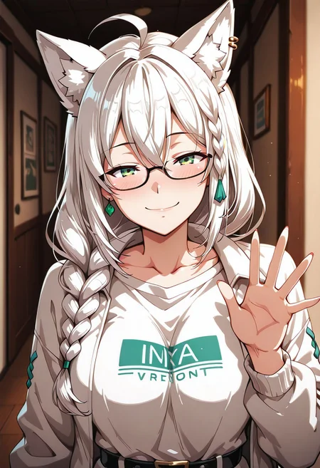 lazypos, girl focus, 1girl, virtual youtuber, animal ears, ahoge, solo, fox ears, glasses, braid, white hair, long hair, shirt, fox girl, hair between eyes, single braid, looking at viewer, sidelocks, jewelry, white shirt, blush, earrings, smile, animal ear fluff, green eyes, jacket, waving, blurry background, white jacket, open clothes, belt, open jacket, blurry, official alternate costume, niniastyle