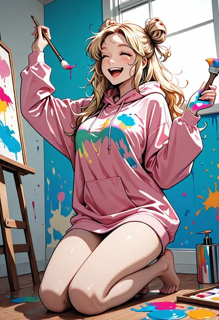 masterpiece, best quality, flat color, 1girl, woman, Bunij, blonde hair, hair buns, brown eyes, large oversized hoodie, hoodie dress, bare legs, bare feet, happy, laughing, Expressiveh, holding paint brush, painting walls, colorfull paint everywhere, dynamic pose, dynamic angle, detailed background, empty room, white walls, colorfull paint splashes on walls, sunny day, highly detailed, zPDXLpg