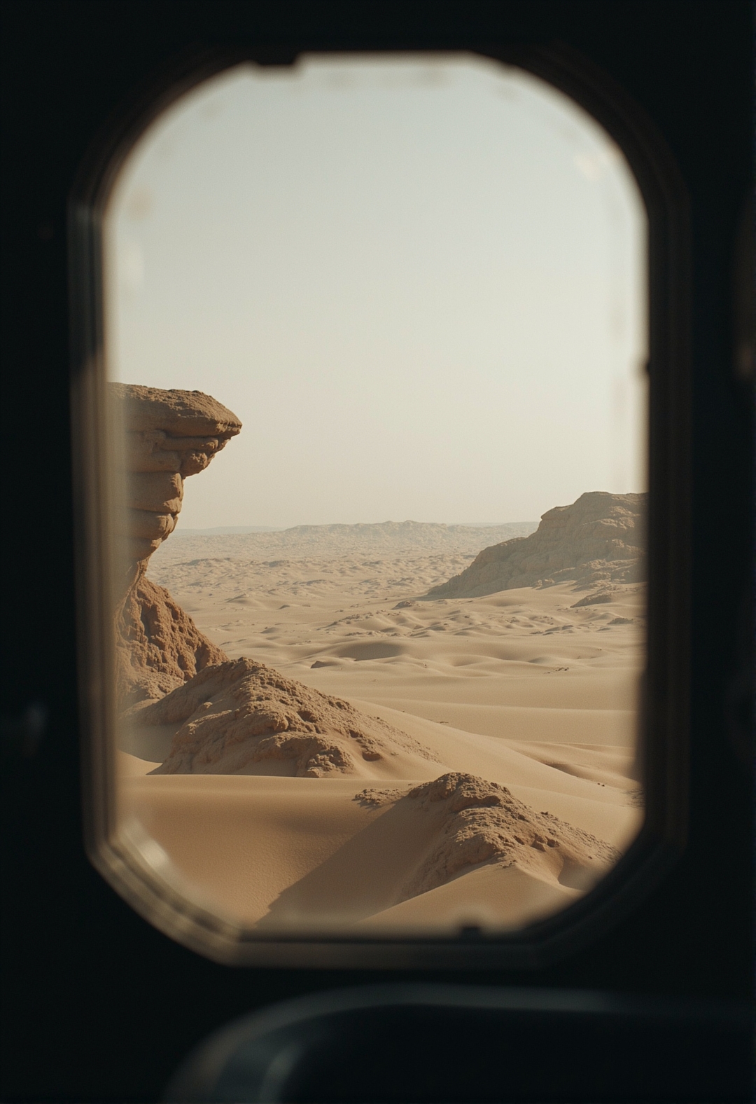 <lora:ck-dune-style_r1-000017:0.9>, ckdunestyle, ckmoviestyle, a streetview seen from inside a cafe, window view, sci-fi futuristic urban city in the desert, desert storm