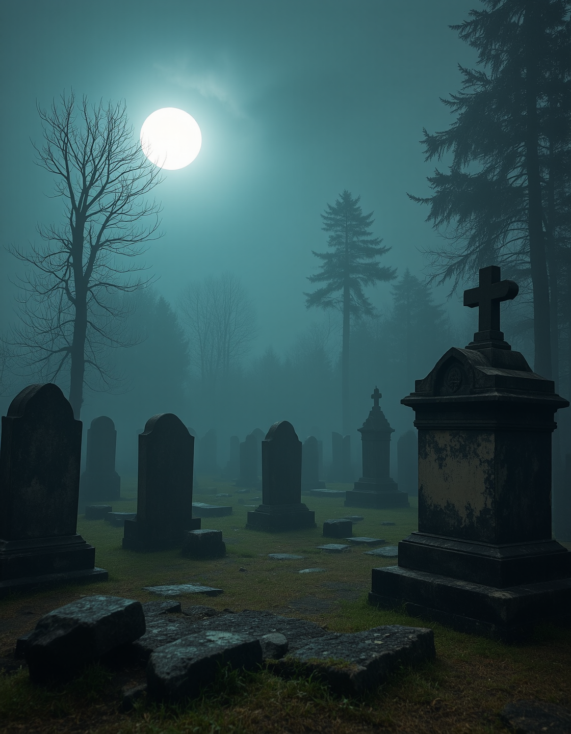 Imagine an image of an eerie, fog-filled graveyard with old, crumbling tombstones and a full moon overhead.