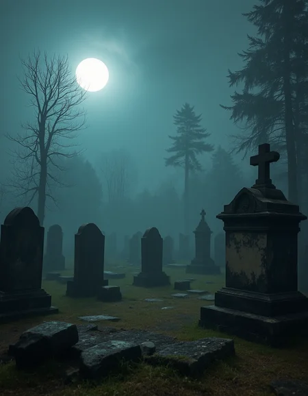 Imagine an image of an eerie, fog-filled graveyard with old, crumbling tombstones and a full moon overhead.