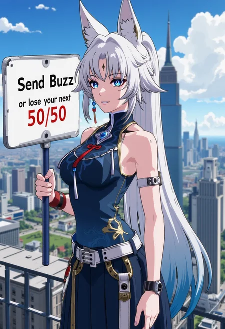 flanni, Anime style photo of Feixiao, beautiful woman with very long white hair blue on a tips, ponytail, animal ears.
She is smirking while standing on the roof of a tall building. She's holding up a sign that says, "Send Buzz or lose your next 50/50". It's a closeup photo and has very intricate shading and detail