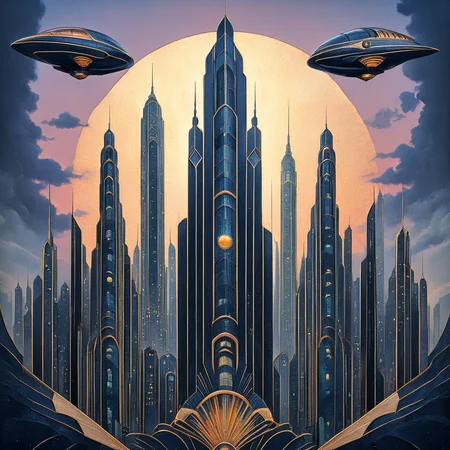 ArsMJStyle, Art Deco, <lora:add-detail-xl:1.2>, <lora:Art_Deco:1>, The futuristic cityscape of Fritz Lang's "Metropolis," reimagined in classic Art Deco style, with soaring skyscrapers, zigzag patterns, and sleek flying vehicles set against a dramatic sunset sky.