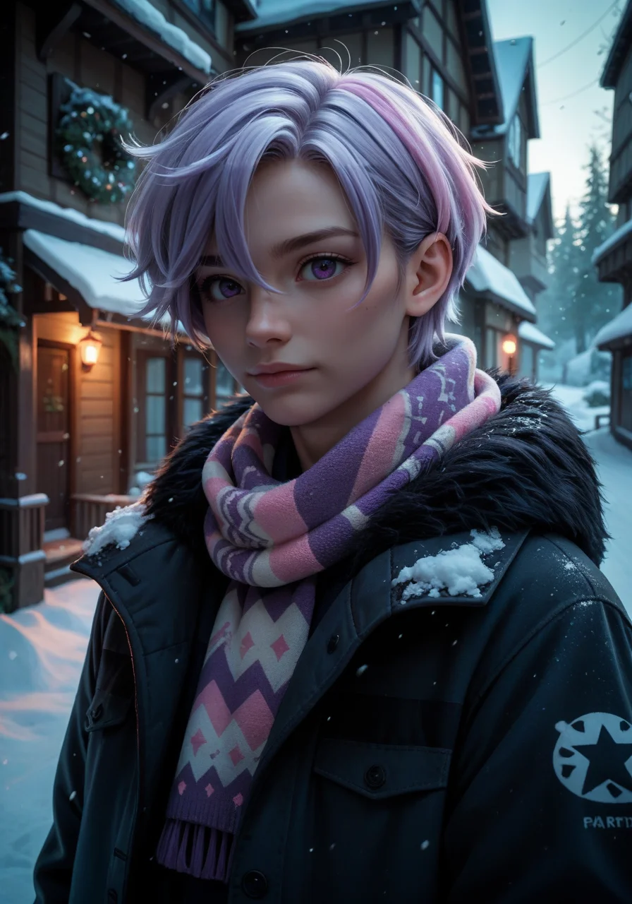 source_anime, score_9,score_8_up,score_7_up,score_6_up,score_5_up,score_4_up,(androgynous), ([1boy|1girl]), gender neutral, light purple hair, pastel colors, dark purple eyes, snow