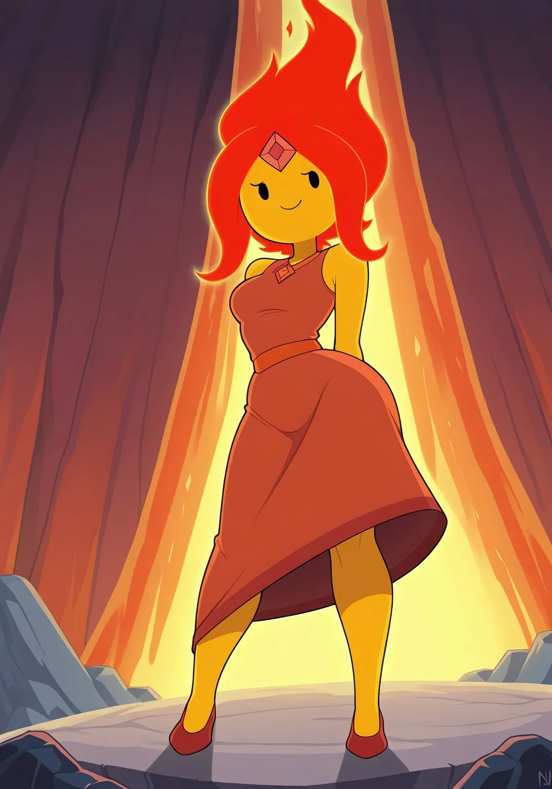 masterpiece, best quality, newest, absurdres, highres, 1girl, amazing quality, good lighting, 1girl, solo,yellow skin, red hair, red dress, medium hair, red fiery hair, flameprincessILL looking at viewer, dynamic angle, foreshortening, black eyes, cartoon, source_CARTOOn, slimthick, fit, smiling, flame princess from adventure time, full body, hand behing back, inside a volcano, standing on rock, sfw, safe for work, safe_pos