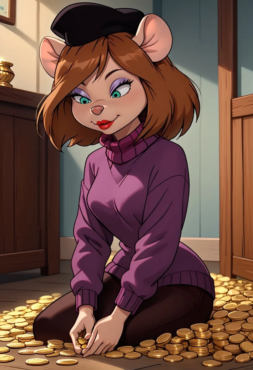 score_9, score_8_up, score_7_up, toon \(style\),ultra high quality,ultra high resolution,ultra ,full body, (extremely detailed), detailed background ,(masterpiece, best quality, high quality, highres, ultra-detailed), ,long legs,  <lora:Desiree_DAllure_Chip_n_Dale_Rescue_Rangers:0.9> desiree d'allure, anthro, furry, mouse, mouse ears, , black headwear, long sleeves, red lips, light purple eyeshadow, brown hair, short bob cut, side-swept bangs, toon (style), purple sweater, turtleneck sweater, aqua eyes, flat color, narrow waist, full body view, perfect eyes,perfect lips, maniac face, teeth, thick lips ,long eyelashes, (inside golden room1,4), room full of gold, holding golden coins in hands, gold bars  everywhere around, sitting on the floor, grabbing gold coins by both hands, gold on the walls, golden coins fall from up, gold furniture around, body fully covered by gold coins, coins fall from ceiling