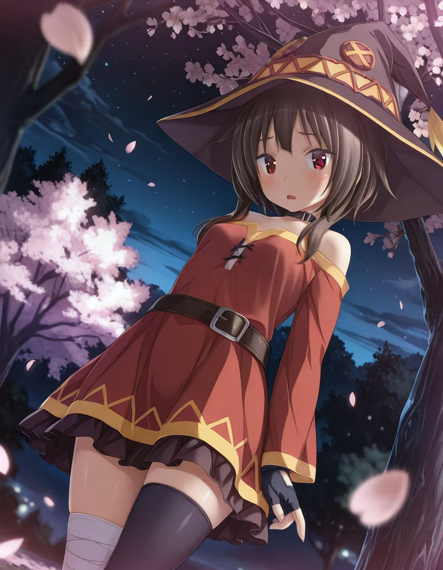 masterpiece, absurdres, best quality, aesthetic, 2.5d, semirealistic, moonlight, megumin, konosuba, red dress, off-shoulder dress, short hair with long locks, single thighhigh, fingerless gloves, witch hat <lora:KatsuPS_IllXL:1> BREAK KatsuPS, 1girl, cherry blossoms,  solo, blush, brown hair, night, red eyes, small breasts, breasts, petals, looking at viewer, open mouth, bow, dutch angle, tree, outdoors, skirt, long sleeves, sky, blurry, depth of field, frills, dress, night sky