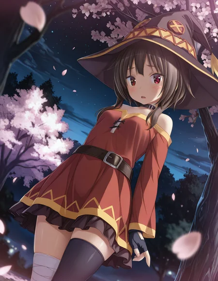 masterpiece, absurdres, best quality, aesthetic, 2.5d, semirealistic, moonlight, megumin, konosuba, red dress, off-shoulder dress, short hair with long locks, single thighhigh, fingerless gloves, witch hat <lora:KatsuPS_IllXL:1> BREAK KatsuPS, 1girl, cherry blossoms, solo, blush, brown hair, night, red eyes, small breasts, breasts, petals, looking at viewer, open mouth, bow, dutch angle, tree, outdoors, skirt, long sleeves, sky, blurry, depth of field, frills, dress, night sky