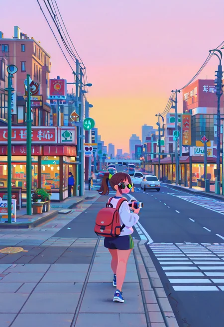 Masterpiece, high quality, ultra-detail, 8K resolution, sharp focus, 2d, (flat color, no lineart, Flatline, Flat vector illustration),
1cute girl, chubby girl, happy, glasses, green eyes, dark brown hair, no bangs, ponytail, with a backpack, turist, walking, camera, Japanese Suburbs, shop, scenery, outdoors, road, sign, building, street, road sign, city, power lines, utility pole, traffic light,crosswalk, lamppost, sidewalk, cityscape, side view