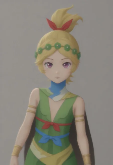 source_anime, anime screencap, source_anime, auratheguillotine, anime screencap, masterpiece, source_anime, shiny skin,,,,,, <lora:zs_DemeterXL:1> demetersmt, blonde hair, ponytail, head wreath, purple eyes, green dress, cleavage, cape, armlet, bracelet,