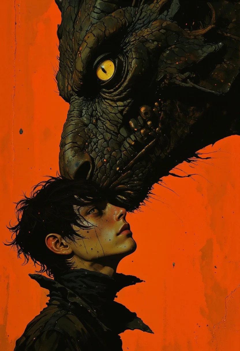 A high-quality digital painting featuring a close-up of a young person with tousled, dark hair partially obscuring one eye, gazing intensely at a massive, dark dragon's eye. The dragon’s scales are intricately detailed, with its piercing yellow iris dominating the upper right of the composition, creating a powerful focal point. The background is a solid, striking orange that contrasts sharply with the dark tones of both the dragon and the person’s dark, high-collared shirt, which adds to the dramatic atmosphere. The composition follows the rule of thirds, with the dragon's eye and the person's face placed along the intersecting lines, guiding the viewer’s eye naturally. A shallow depth of field keeps the background out of focus, ensuring that all attention is directed to the intricate details of the dragon’s eye and the person’s intense expression. Artificial lighting, likely digital, creates a strong chiaroscuro effect, enhancing the dramatic tension between light and shadow. The style is realistic with touches of fantasy, capturing the textures of the dragon’s scales and the person’s hair with remarkable detail. Leading lines from the dragon’s snout direct the viewer’s gaze towards the person’s face, creating a narrative of surreal intimacy. The overall effect is one of intensity, blending mystery and awe in a compelling visual moment. aman0ayam1, aidmaimageupgrader, Mangaka style