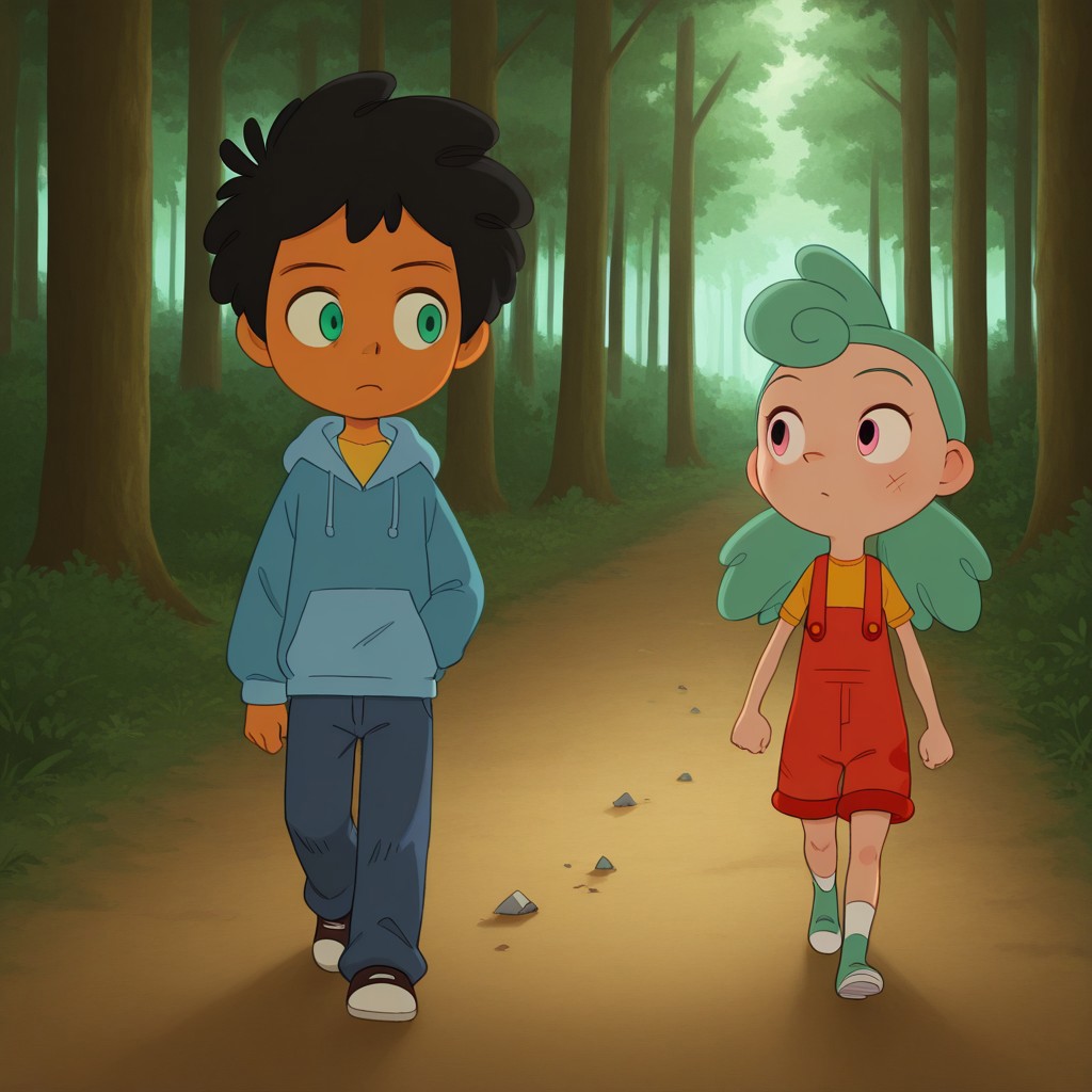 score_8, score_9, break, makki_cc, (1boy, max_cc, dark-skinned male, black hair, hoodie, green eyes), break, (1girl, nikki_cc, green hair, pink eyes, overalls), walking, forest, looking at another, natural lighting